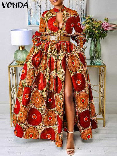 VONDA őszi buli maxi ruha 2024 női elegáns, hosszú ujjú ruha kimélyedő szexi hasított napruha alkalmi, virágos, nyomott Vestidos