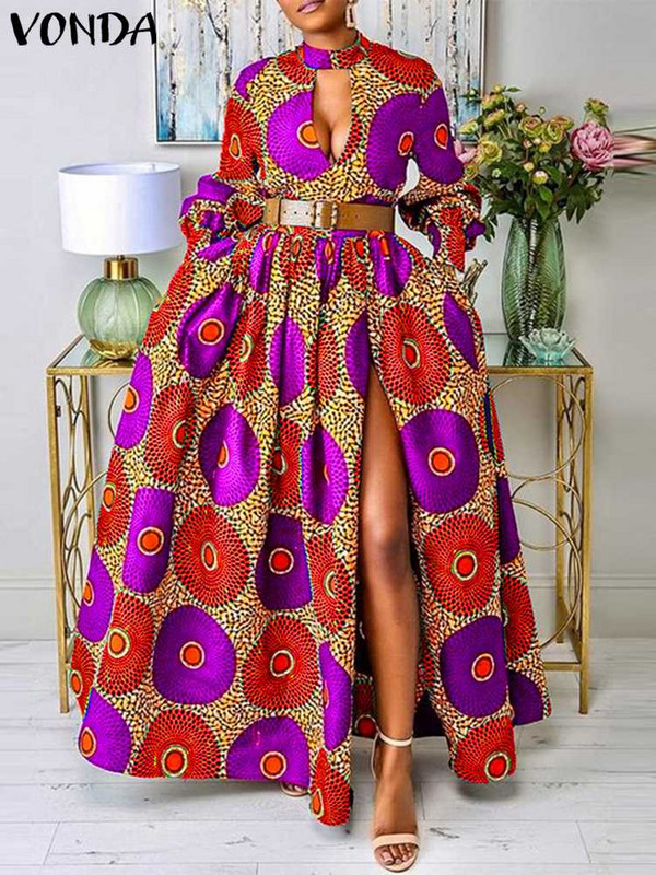 VONDA őszi buli maxi ruha 2024 női elegáns, hosszú ujjú ruha kimélyedő szexi hasított napruha alkalmi, virágos, nyomott Vestidos