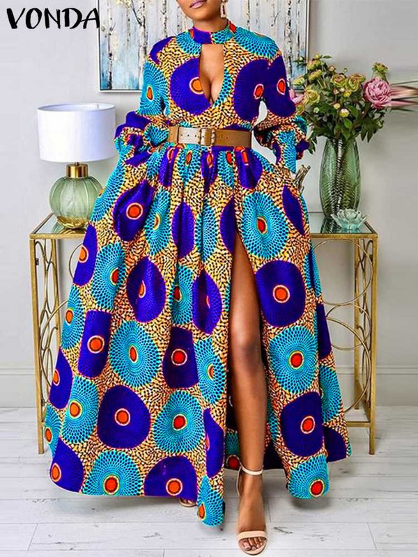 VONDA őszi buli maxi ruha 2024 női elegáns, hosszú ujjú ruha kimélyedő szexi hasított napruha alkalmi, virágos, nyomott Vestidos