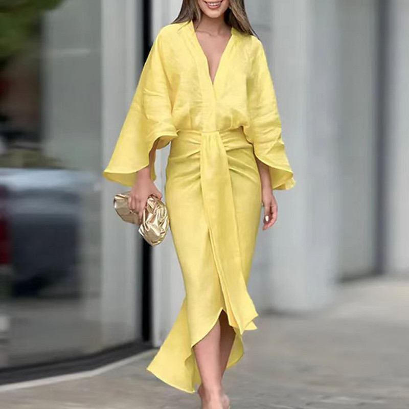 Tavaszi tömör, mély V nyakú irodai női ruha Elegáns, magas derekú, A-vonalú hosszú ruha Őszi 3/4-es denevér ujjú női pulóver ruhák