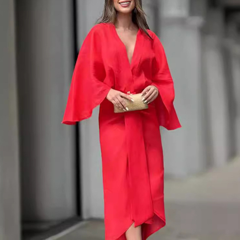 Tavaszi tömör, mély V nyakú irodai női ruha Elegáns, magas derekú, A-vonalú hosszú ruha Őszi 3/4-es denevér ujjú női pulóver ruhák