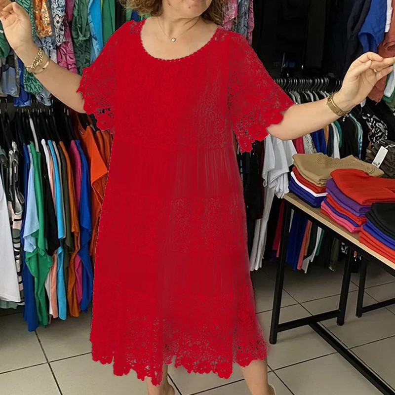 Nyári csipkehímzés Jacquard horgolt ruha női nyakú, kivájt hosszú ruha tavaszi fél ujjú bő női parti ruhák