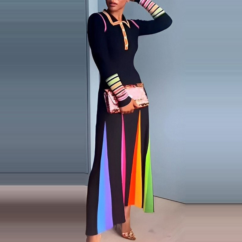 Új őszi, női, brit stílusú mintás maxi ruha 2024-es Lady Party estélyi hosszú ruha Elegáns tavaszi hajtóka patchwork karcsúsított ruha