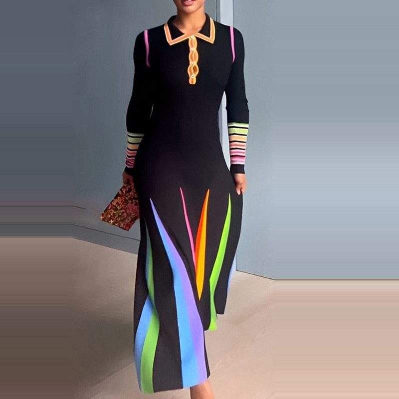 Új őszi, női, brit stílusú mintás maxi ruha 2024-es Lady Party estélyi hosszú ruha Elegáns tavaszi hajtóka patchwork karcsúsított ruha