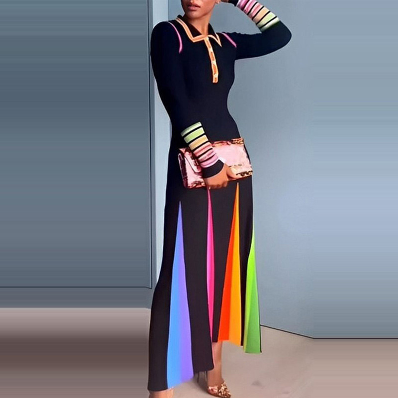 Új őszi, női, brit stílusú mintás maxi ruha 2024-es Lady Party estélyi hosszú ruha Elegáns tavaszi hajtóka patchwork karcsúsított ruha