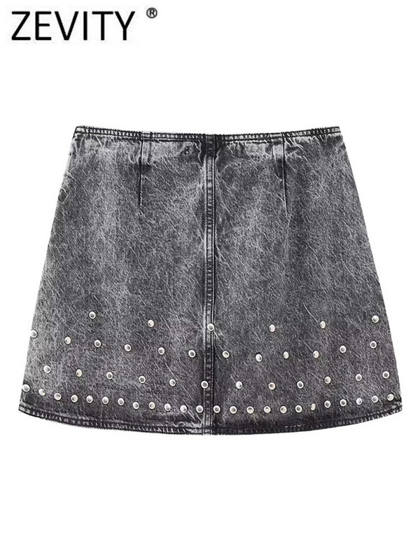 Zevity női divatos, szegecselt dizájn alkalmi farmer, vonalas miniszoknya Faldas Mujer női elegáns oldalsó cipzár Retro Vestidos QUN5282