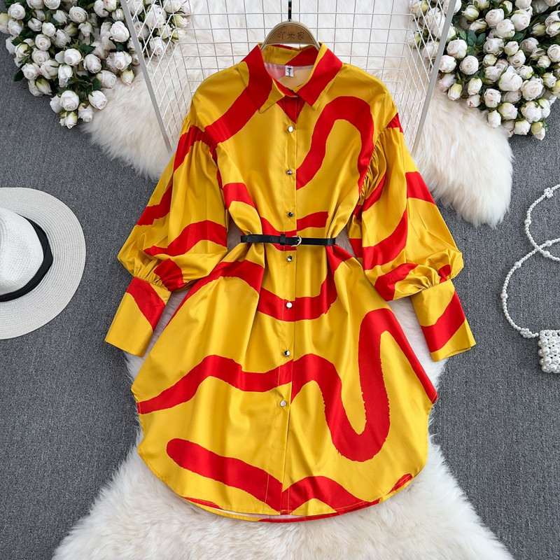 Nyomtatott retro női ing ruha nyári felsők 2024 divat szabálytalan puff hosszú ujjú öv Elegáns irodai blúzok Alkalmi blusák