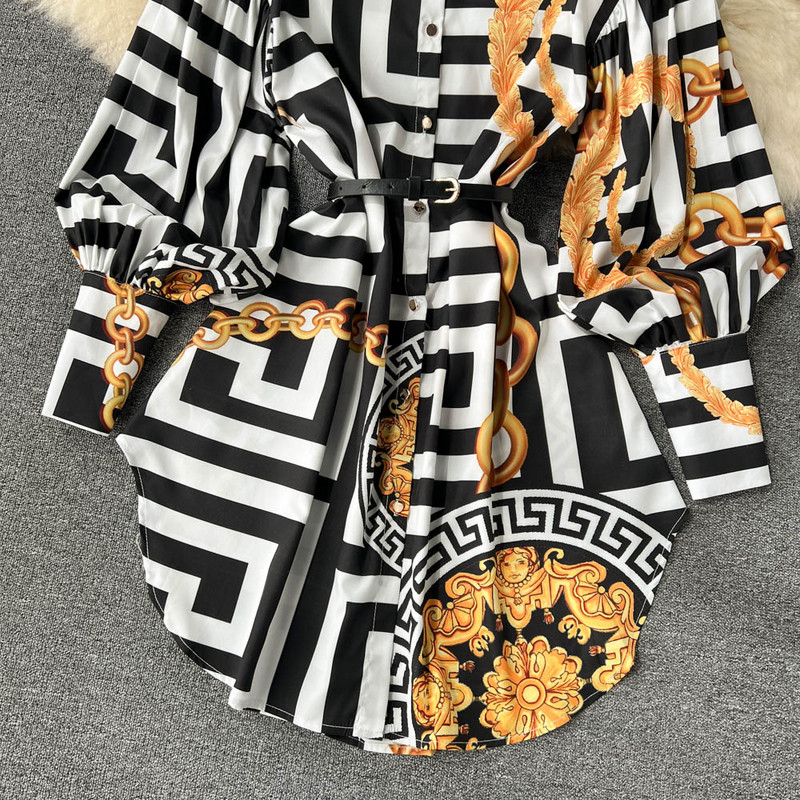 Nyomtatott retro női ing ruha nyári felsők 2024 divat szabálytalan puff hosszú ujjú öv Elegáns irodai blúzok Alkalmi blusák