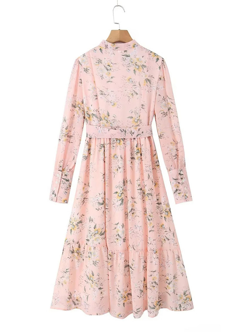 XNWMNZ Női divatos virágmintás ruha övvel női alkalmi tavaszi nyár fodros hosszú ujjú ruha elegáns hosszú ruhák