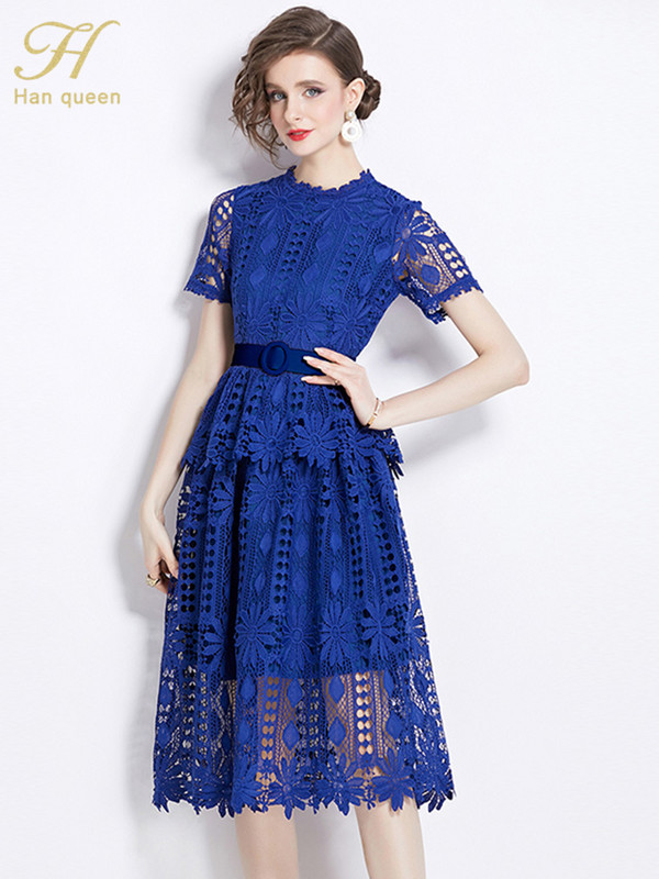 H Han Queen 2024 nyári ruházat Elegáns luxus estélyi ruha 2024 női vintage csipkeruhák Rövid ujjú alkalmi parti ruhák