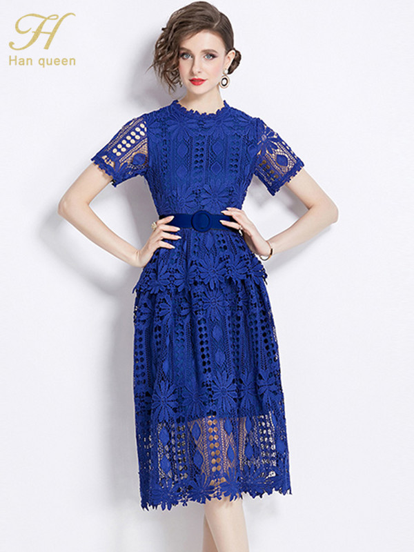 H Han Queen 2024 nyári ruházat Elegáns luxus estélyi ruha 2024 női vintage csipkeruhák Rövid ujjú alkalmi parti ruhák