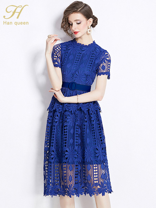 H Han Queen 2024 nyári ruházat Elegáns luxus estélyi ruha 2024 női vintage csipkeruhák Rövid ujjú alkalmi parti ruhák