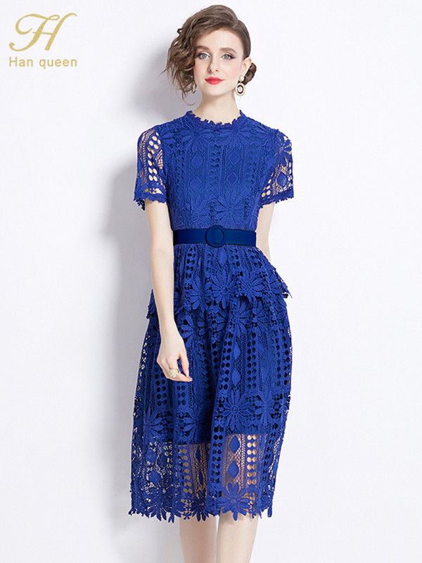 H Han Queen 2024 nyári ruházat Elegáns luxus estélyi ruha 2024 női vintage csipkeruhák Rövid ujjú alkalmi parti ruhák