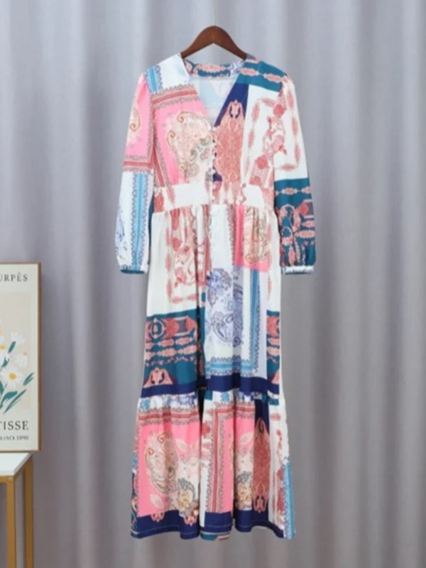 Laza csíkos nyomott patchwork hosszú ruhák nőknek, V nyakú, hosszú ujjú, lámpás, alkalmi Vestidos 2024 tavaszi női strandköpenyek