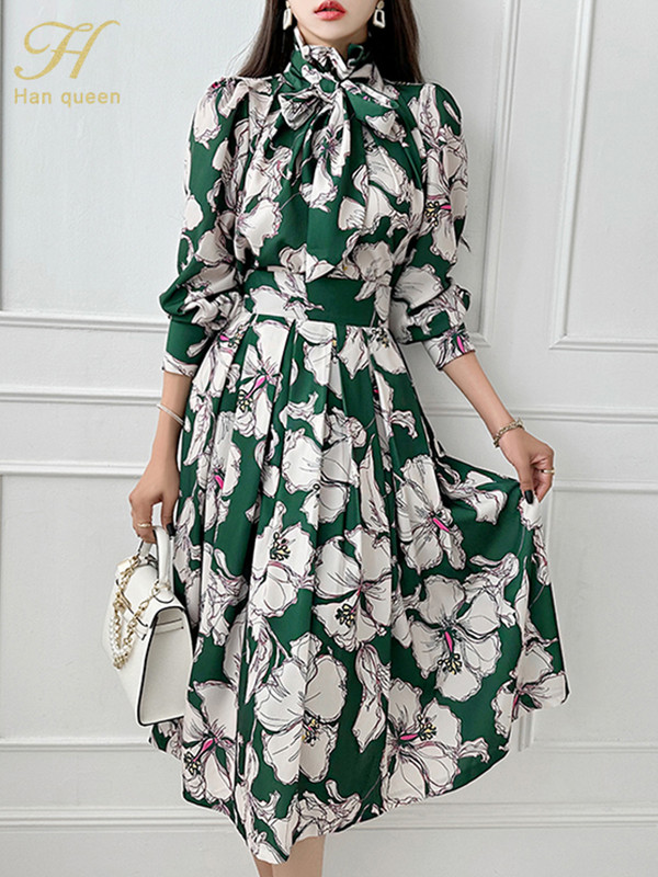 H Han Queen őszi új 2 részes készletek, fűzős masnis nyomatok felső + divatos szegélyvonalú A-vonalú szoknya koreai irodai alkalmi női öltöny szoknya