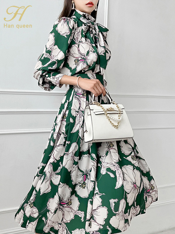 H Han Queen őszi új 2 részes készletek, fűzős masnis nyomatok felső + divatos szegélyvonalú A-vonalú szoknya koreai irodai alkalmi női öltöny szoknya