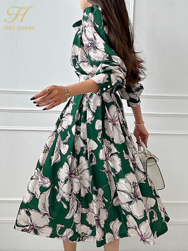 H Han Queen őszi új 2 részes készletek, fűzős masnis nyomatok felső + divatos szegélyvonalú A-vonalú szoknya koreai irodai alkalmi női öltöny szoknya