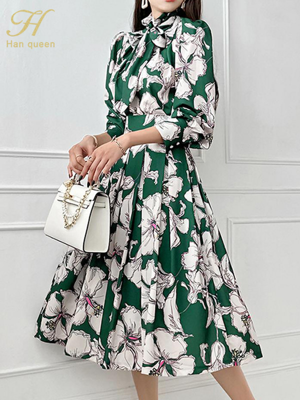 H Han Queen őszi új 2 részes készletek, fűzős masnis nyomatok felső + divatos szegélyvonalú A-vonalú szoknya koreai irodai alkalmi női öltöny szoknya