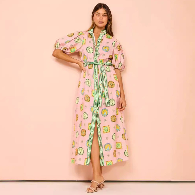 Nyomtatott derékra kötött női kardigán ruha 2024 nyári alkalmi, kontrasztos V-nyakú ruha, divatos, bő, rövid ujjú otthoni hosszú szoknya