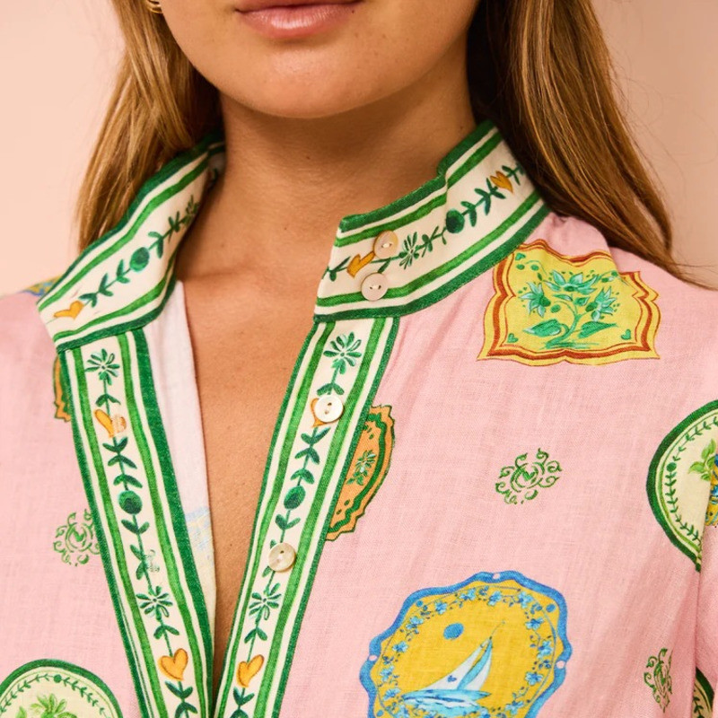 Nyomtatott derékra kötött női kardigán ruha 2024 nyári alkalmi, kontrasztos V-nyakú ruha, divatos, bő, rövid ujjú otthoni hosszú szoknya