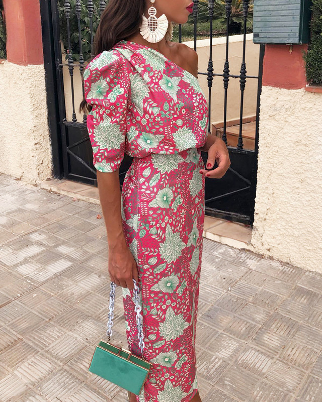 2024-es nyári ruha, elegáns női virágmintás ruha Szexi, divatos női, hát nélküli, ferde nyakú, rövid ujjú ruhák