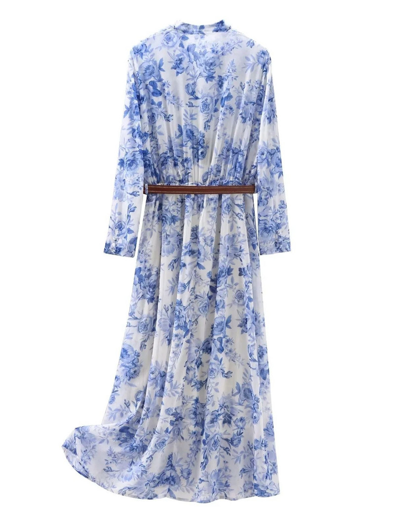 XNWMNZ 2024 női divat nyomott fodros öves ruha vakációs stílusú V-nyakú, hosszú ujjú elülső gombos sokoldalú női midi ruhák