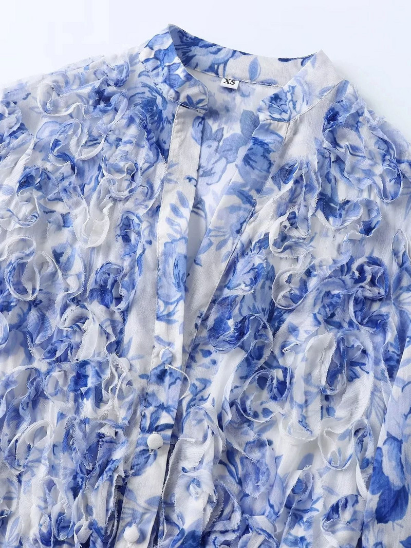 XNWMNZ 2024 női divat nyomott fodros öves ruha vakációs stílusú V-nyakú, hosszú ujjú elülső gombos sokoldalú női midi ruhák