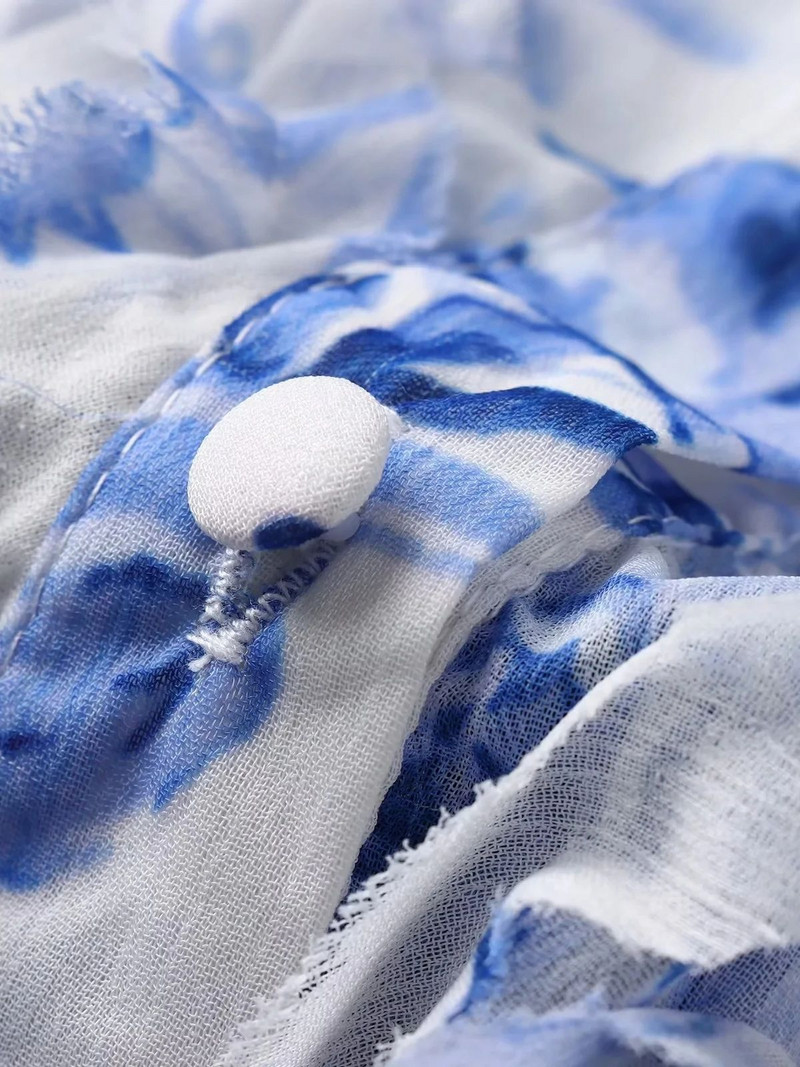 XNWMNZ 2024 női divat nyomott fodros öves ruha vakációs stílusú V-nyakú, hosszú ujjú elülső gombos sokoldalú női midi ruhák