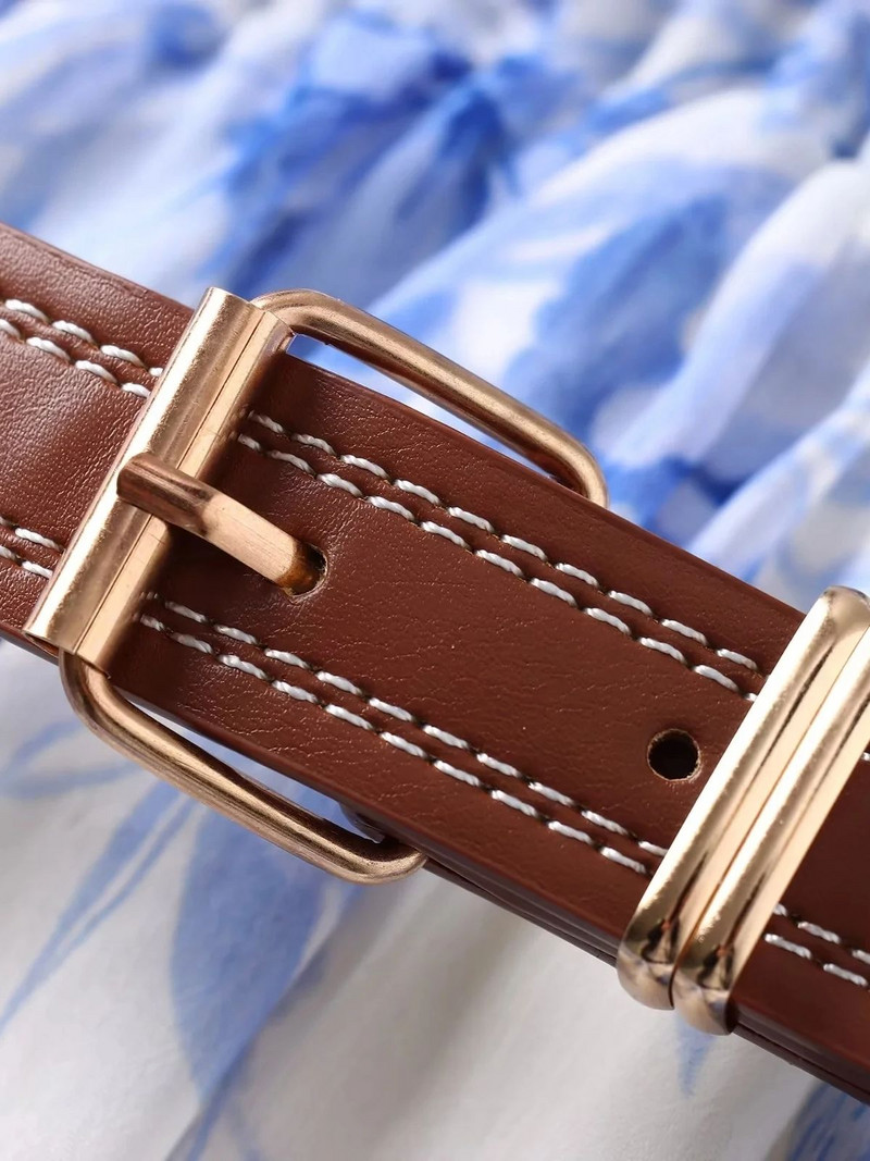 XNWMNZ 2024 női divat nyomott fodros öves ruha vakációs stílusú V-nyakú, hosszú ujjú elülső gombos sokoldalú női midi ruhák