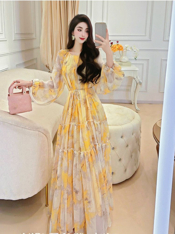 OCEANLOVE Beach Stílus Vestidos Mujer Tavaszi Nyári Nyomtatás Virágos A-vonalú vintage női ruhák Koreai divat Elegáns hosszú ruha