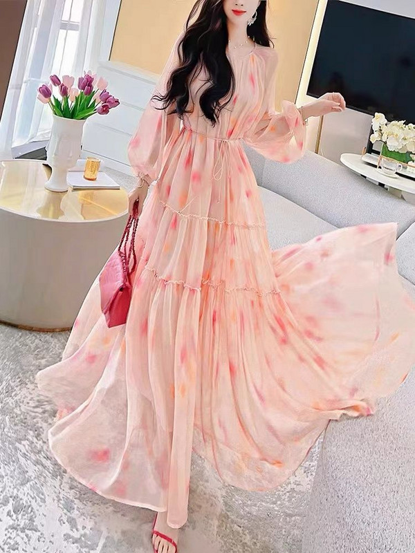 OCEANLOVE Beach Stílus Vestidos Mujer Tavaszi Nyári Nyomtatás Virágos A-vonalú vintage női ruhák Koreai divat Elegáns hosszú ruha