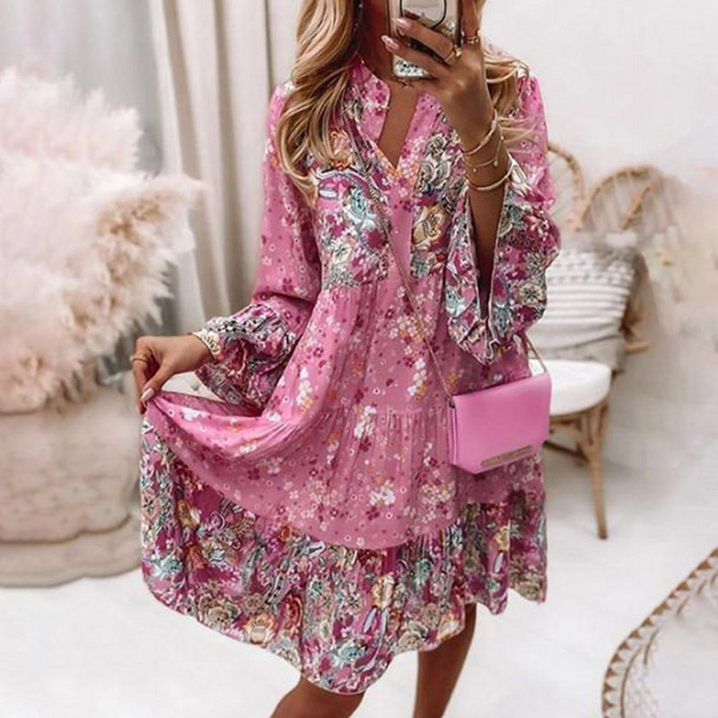 Női ruha Fodor Virágmintás Tavaszi Nyári Beach Party ruha Vintage A-vonalú mini ruha Női ruházat bankettre