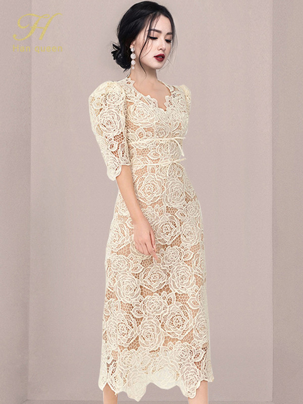 H Han királynő nyári ruhák koreai retro, magas derekú ruhák, elegáns divatos, karcsú, midi, irodai parti alkalmi csipkeruha