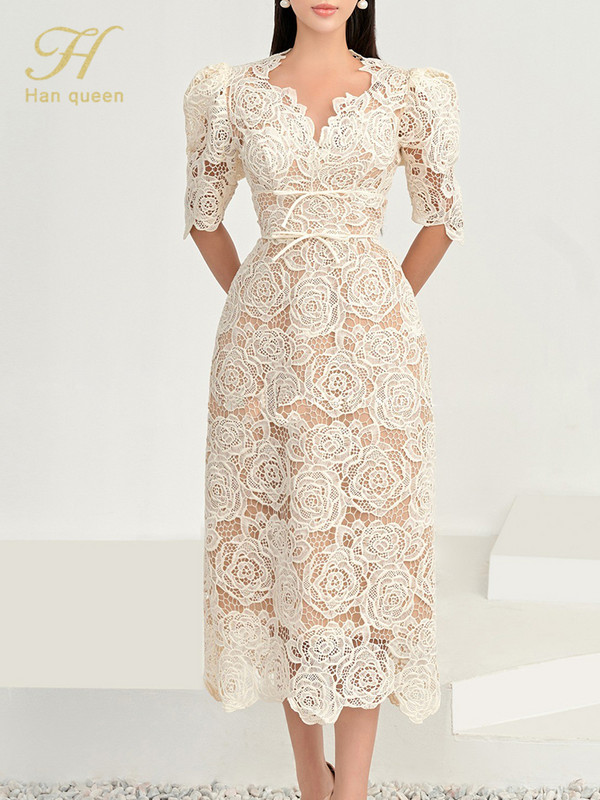 H Han királynő nyári ruhák koreai retro, magas derekú ruhák, elegáns divatos, karcsú, midi, irodai parti alkalmi csipkeruha