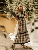 Vintage négyzet alakú galléros patchwork maxi ruha női 2024 magas derekú, légy ujjú ruhák női elegáns nyári elegáns tengerparti hosszú ruha