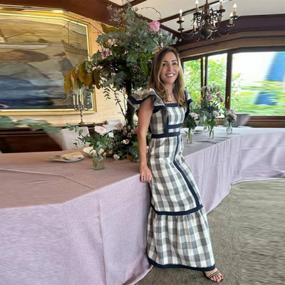 Vintage négyzet alakú galléros patchwork maxi ruha női 2024 magas derekú, légy ujjú ruhák női elegáns nyári elegáns tengerparti hosszú ruha