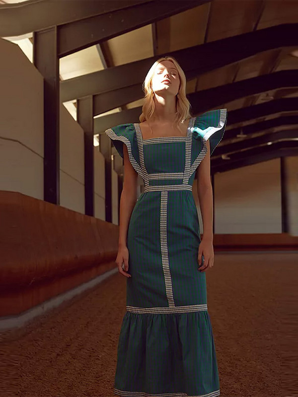 Vintage négyzet alakú galléros patchwork maxi ruha női 2024 magas derekú, légy ujjú ruhák női elegáns nyári elegáns tengerparti hosszú ruha