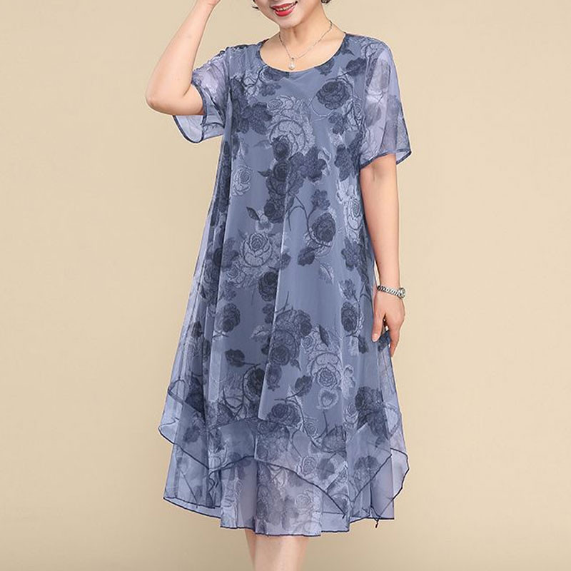 2023-as O-nyakú rövid ujjú ruhák Vintage virágos nyomott nyári gézzel toldott női ruházat Stílusos szabálytalan bő midi ruha