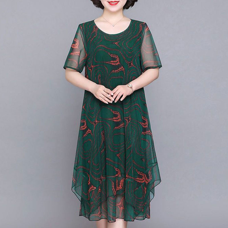 2023-as O-nyakú rövid ujjú ruhák Vintage virágos nyomott nyári gézzel toldott női ruházat Stílusos szabálytalan bő midi ruha