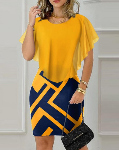 Rövid ujjú, elegáns női ruhák, geometrikus mintás, fodros szegély Bodycon vékony mini ruha, új divat 2023 nyári alkalmi