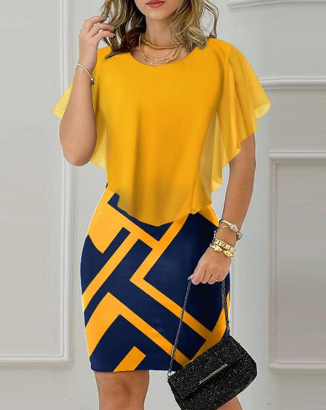 Rövid ujjú, elegáns női ruhák, geometrikus mintás, fodros szegély Bodycon vékony mini ruha, új divat 2023 nyári alkalmi