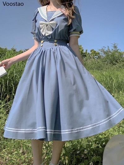 Japán puha nővér aranyos lolita ruha női édes puff ujjú karcsú diák ruhák buli Retro lányok masni salior gallér Vestidos