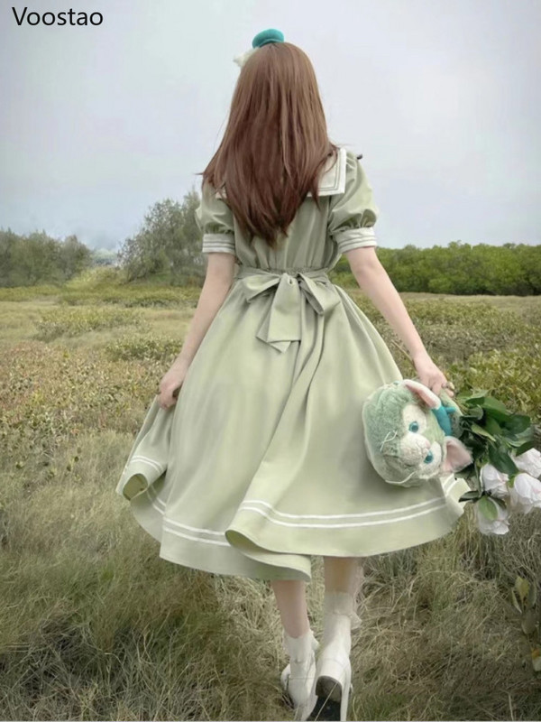 Japán puha nővér aranyos lolita ruha női édes puff ujjú karcsú diák ruhák buli Retro lányok masni salior gallér Vestidos