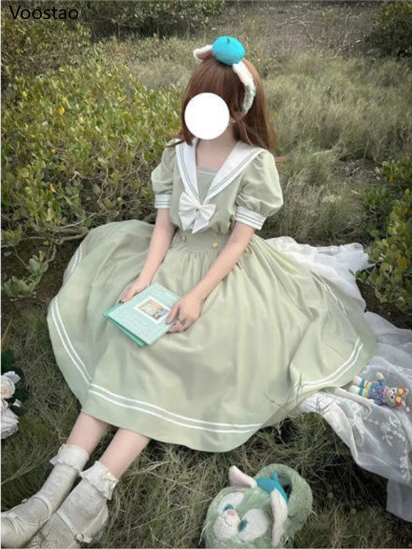 Japán puha nővér aranyos lolita ruha női édes puff ujjú karcsú diák ruhák buli Retro lányok masni salior gallér Vestidos