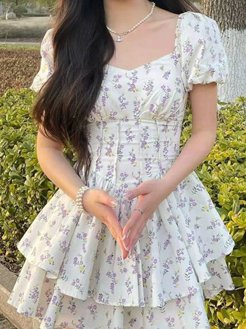 Рокля с висока талия Дамска лятна флорална сладка квадратна яка с буф ръкав Принцеса Момичешка нежна, елегантен корейски стил Преппи шик