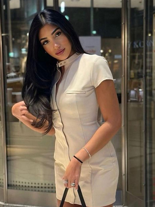 Elegáns, cipzáras, kivágott miniruha női 2024-es nyári rövid ujjú, gombos redőzött csípőcsomagolású ruhák vékony női, tömör Vestido