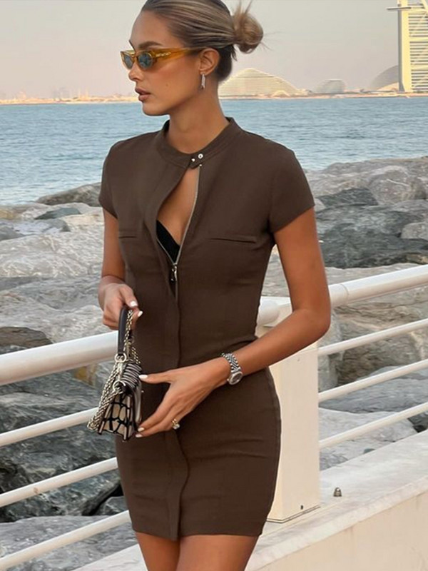 Elegáns, cipzáras, kivágott miniruha női 2024-es nyári rövid ujjú, gombos redőzött csípőcsomagolású ruhák vékony női, tömör Vestido