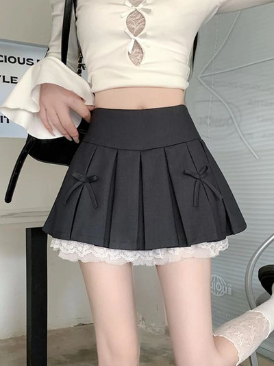 2024-es új női tavaszi/nyári cuki, csipkeszegélyes miniszoknya Szexi masni dizájn, alkalmi Y2K, minden megfelelő A-vonalú fekete redős szoknya
