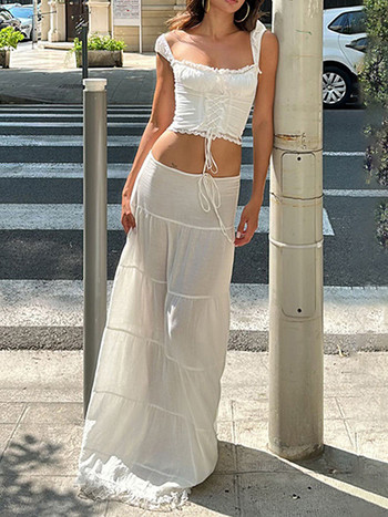 Yoawdats Women acute s Y2K Дълги поли с дантелен подгъв Връзващи се поли с ниска талия Пролет Лято Модни ежедневни поли