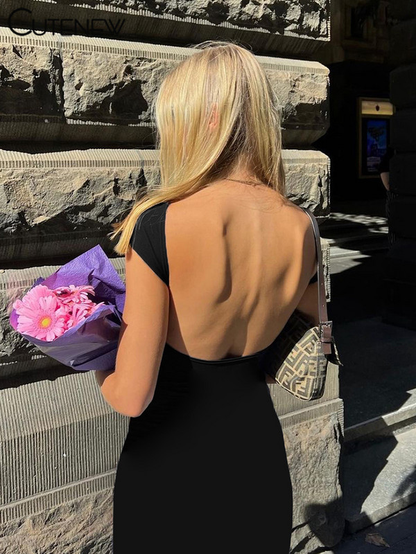 Aranyos, elegáns, rövid ujjú Bodycon Maxi ruha O-nyakú, tömör női hát nélküli nyári szexi utcai ruházat, sztreccs köntös női ruhák